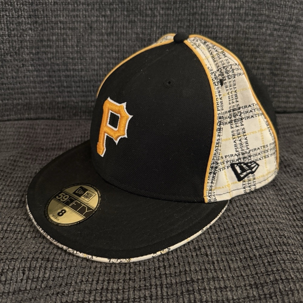 New Era 59FIFTY Fitted Hat Cap Pittsburgh Pirates MLB Black/ Yellow Sz 8 Plaid
